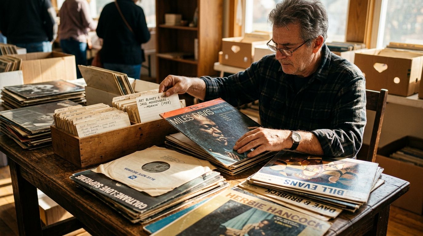 A collector sorting a table of records at an estate sale
