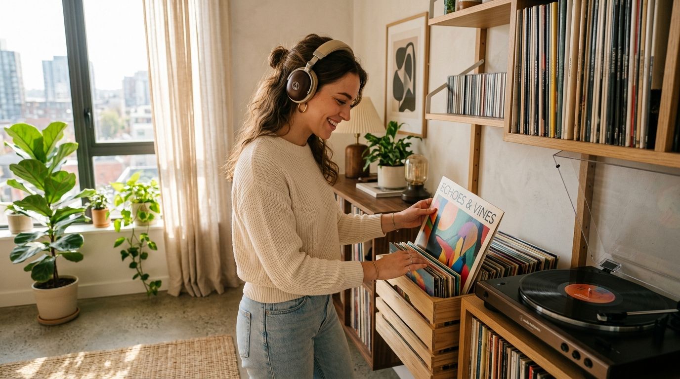 A young collector pulling a record from a home shelf