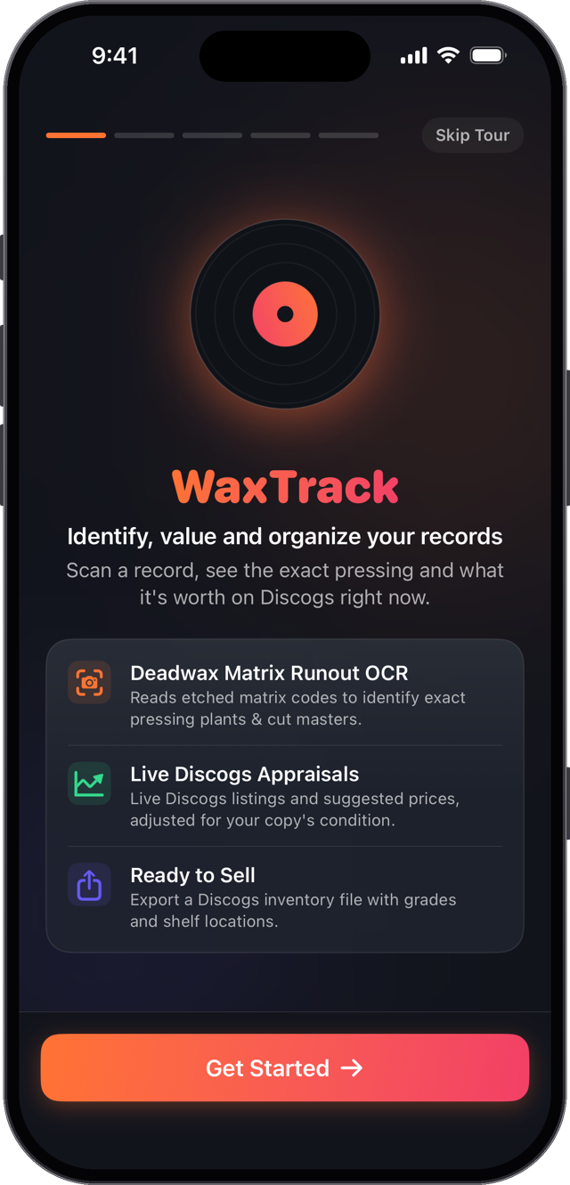 WaxTrack welcome screen: identify, value and organize your records