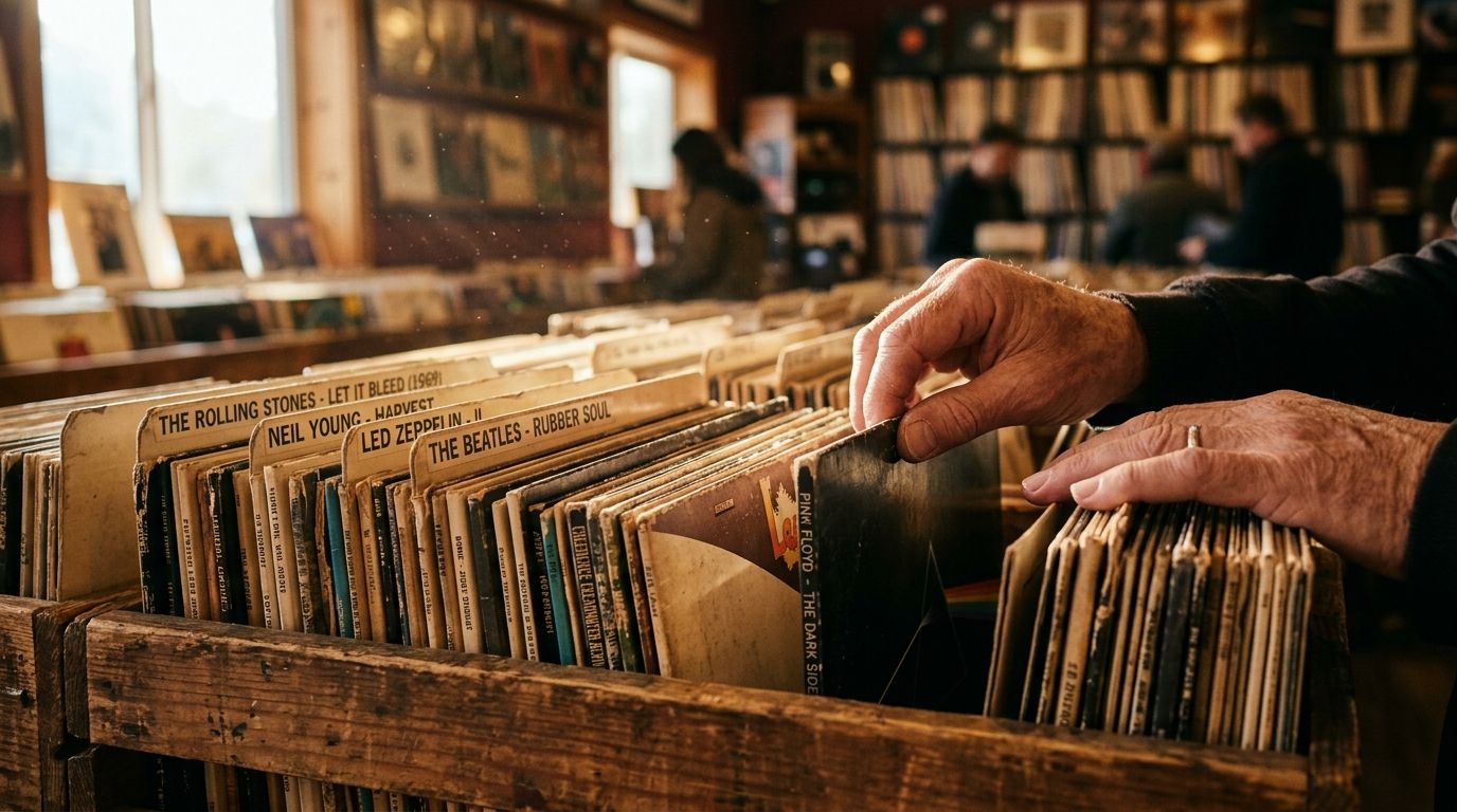 Hands flipping through a crate of records in a record shop
